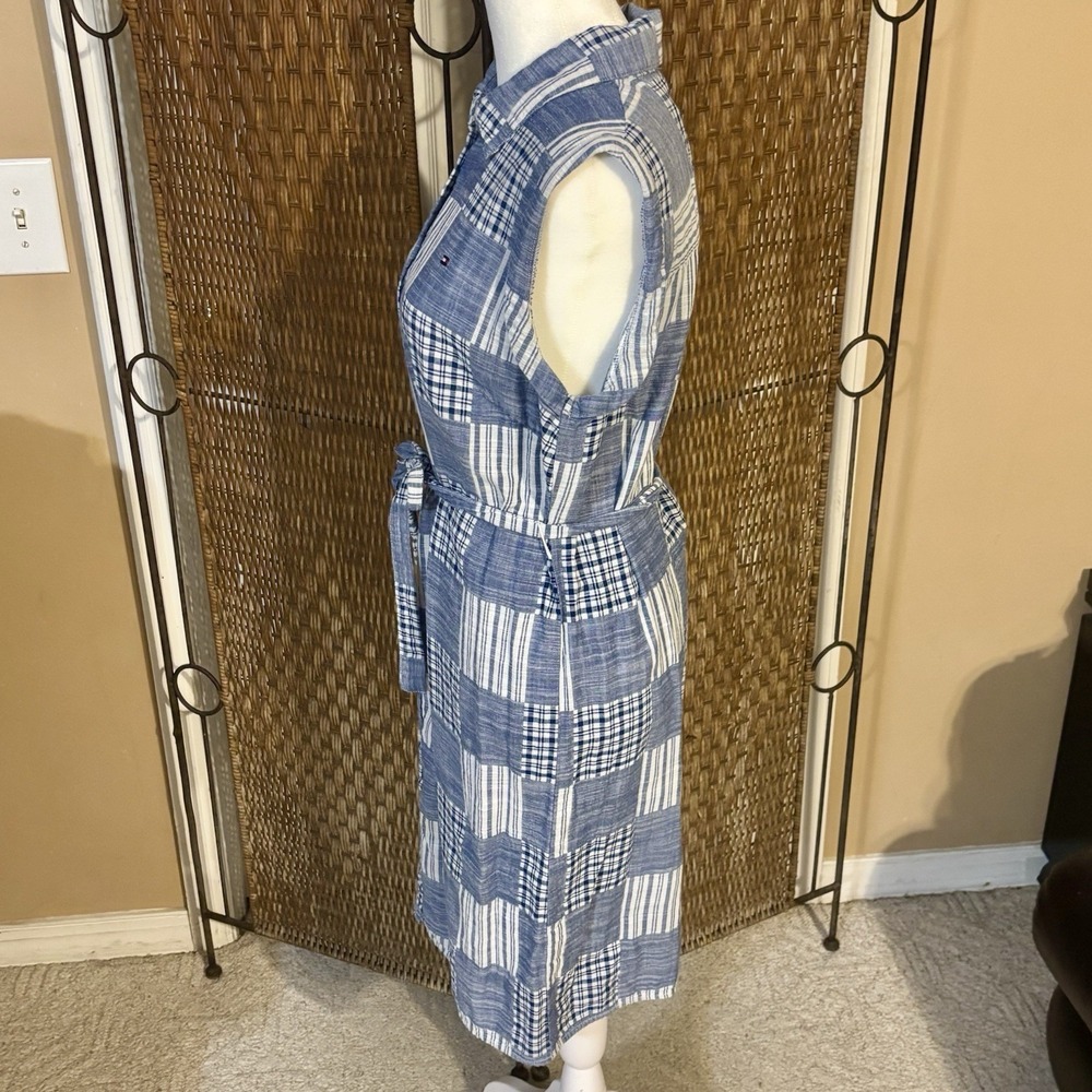 Tommy Hilfiger Blue Plaid Patchwork Sleeveless Shirt Dress Womens 8 Tie Waist - Picture 2 of 12